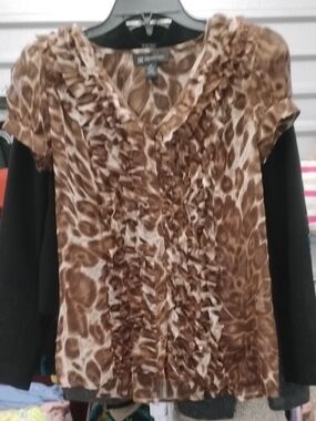 INC International Concepts Brown Animal Print Ruffle Front Blouse